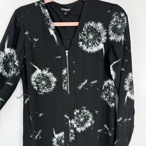 Express XS Shift Dress Dandelion Print Black Chiffon Zipper V Neck Long Sleeve - Picture 3 of 11
